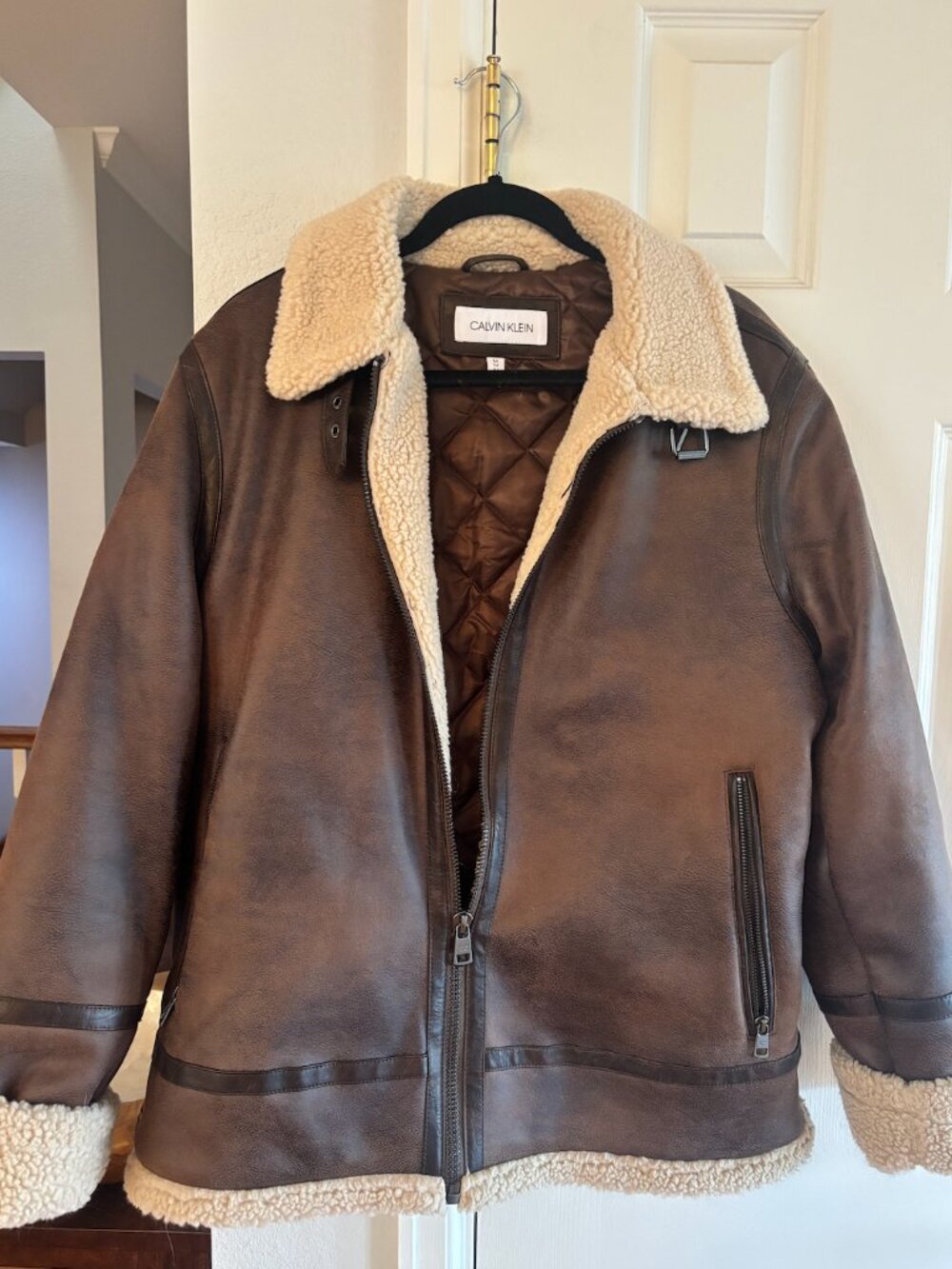 Calvin Klein Brown Faux Shearling Aviator Jacket Size Medium